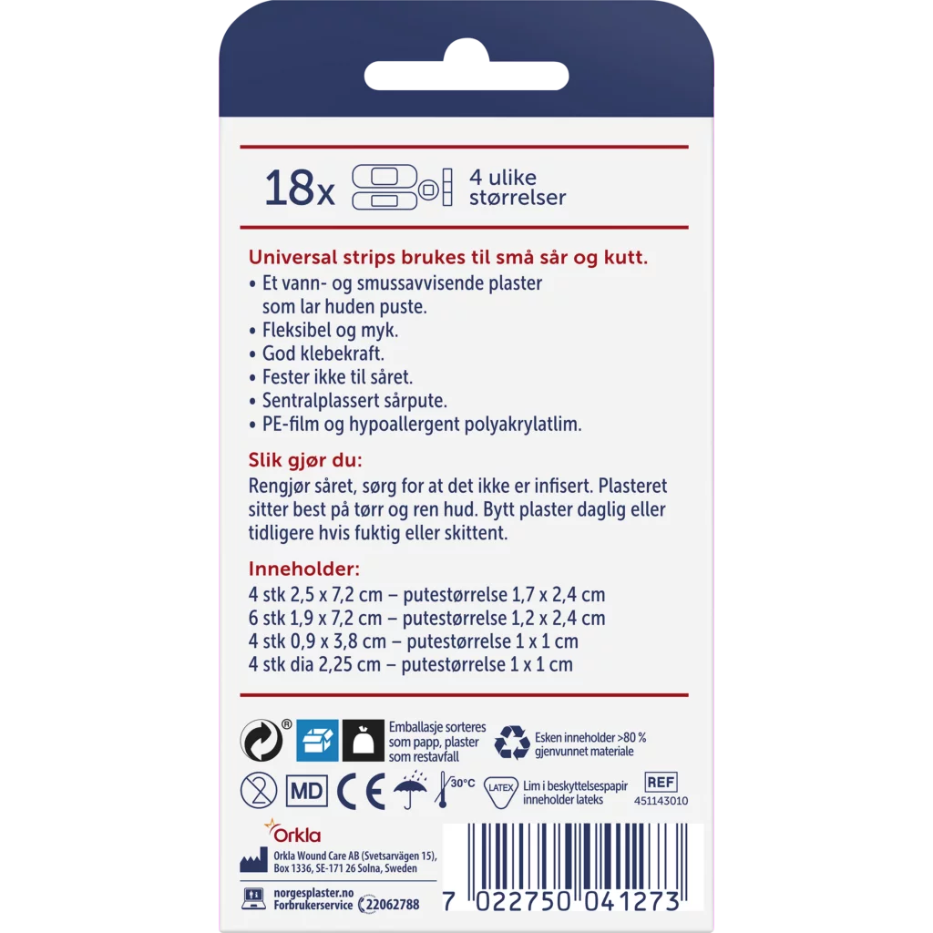 Plaster, Universalstrips 18 stk. assorterte størrelser